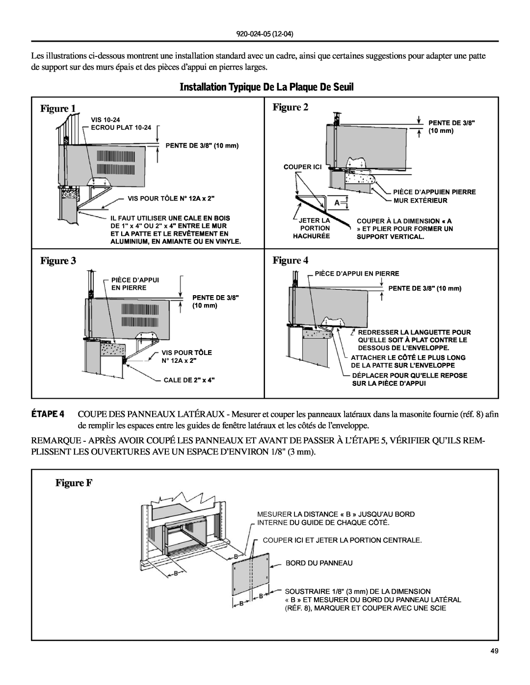 Friedrich SH20, SH15 operation manual Installation Typique De La Plaque De Seuil, Figure F 