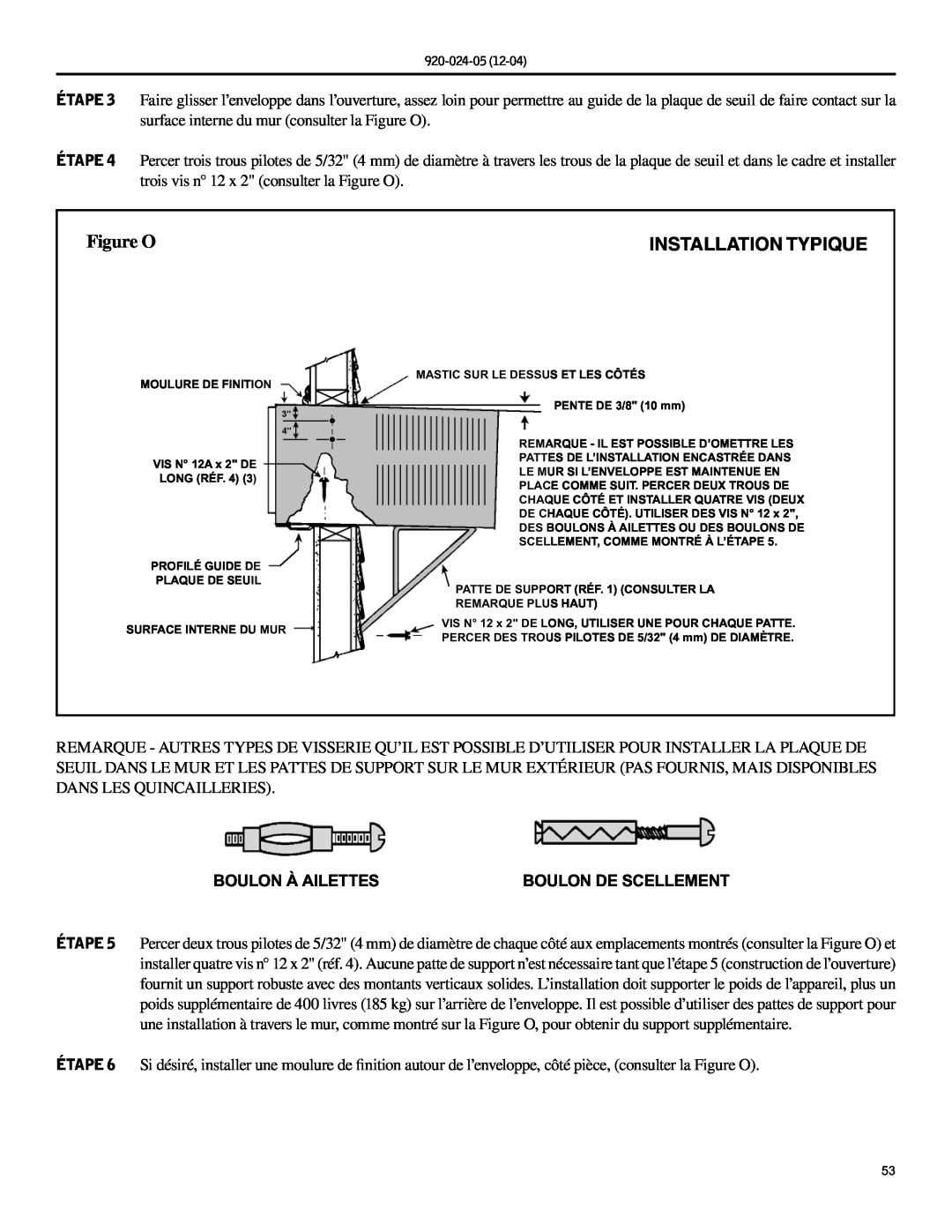 Friedrich SH20, SH15 operation manual Installation Typique, Boulon À Ailettes, Figure O 