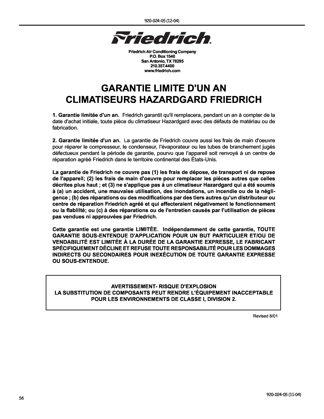 Friedrich SH15, SH20 operation manual Garantie Limite Dun An, Climatiseurs Hazardgard Friedrich 