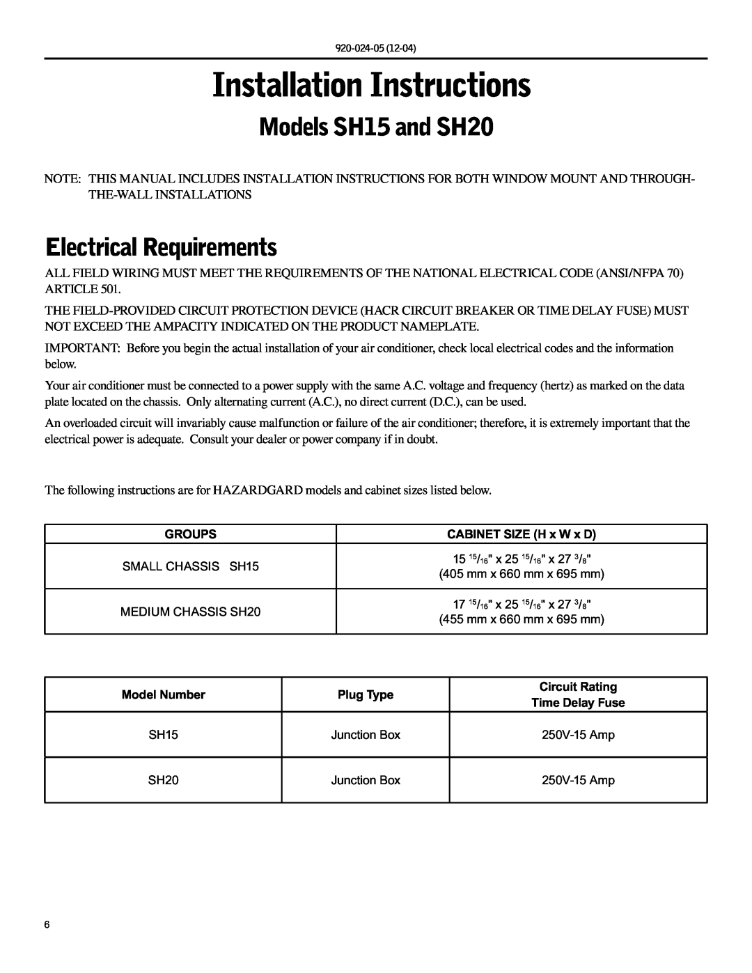 Friedrich operation manual Installation Instructions, Models SH15 and SH20, Electrical Requirements 