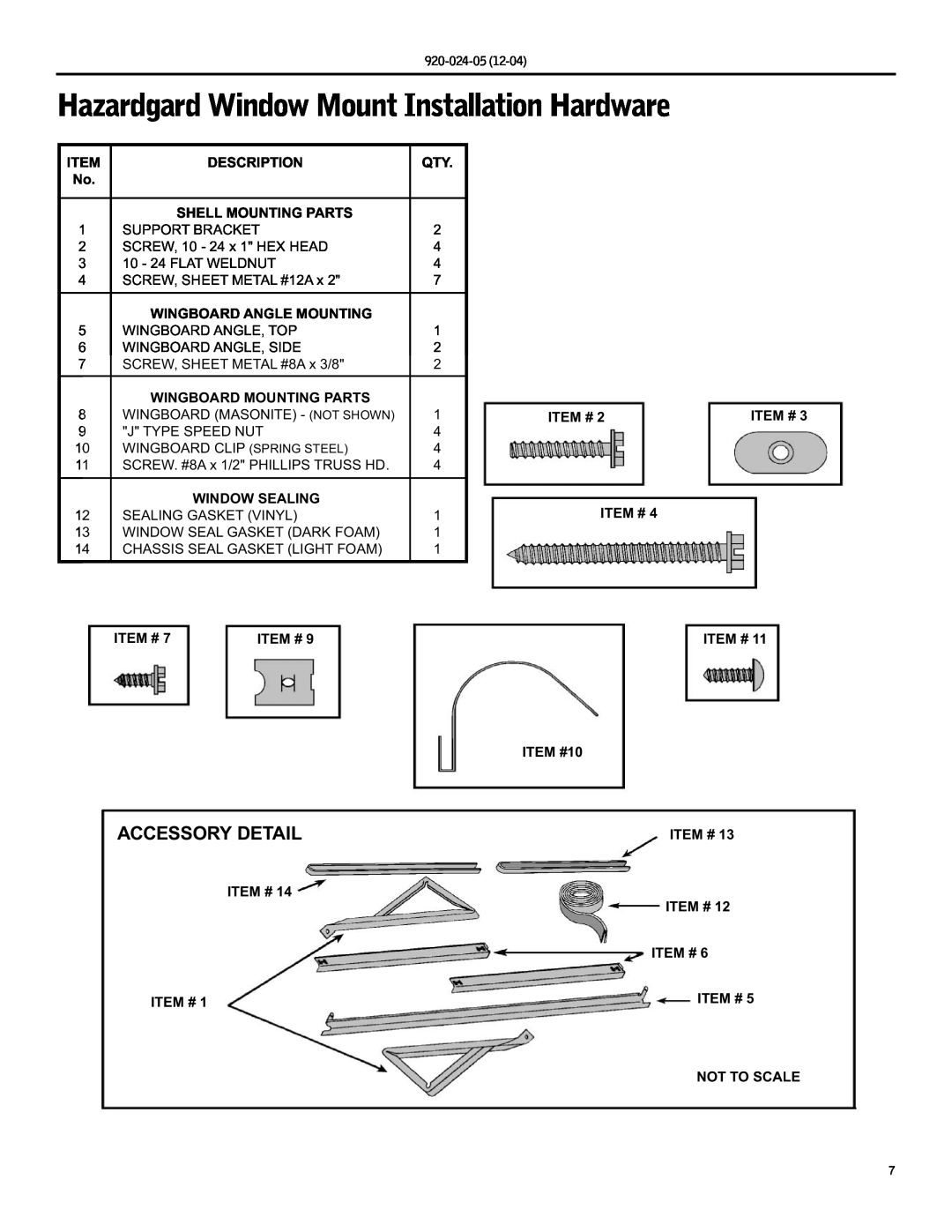 Friedrich SH20, SH15 operation manual Hazardgard Window Mount Installation Hardware, Accessory Detail 