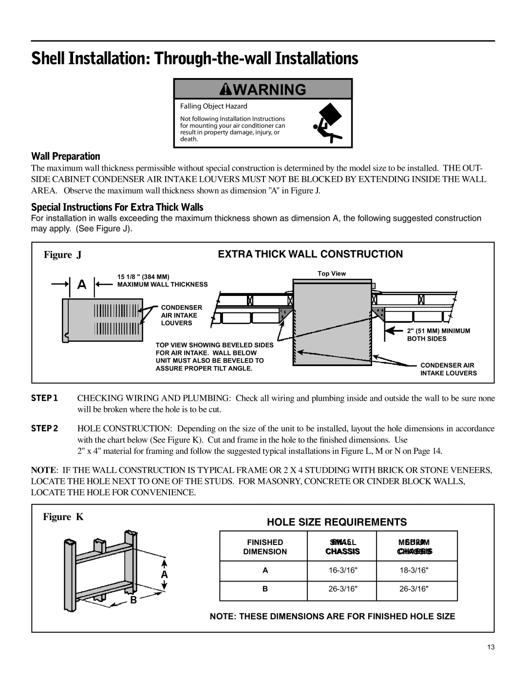 Friedrich SH15 operation manual Shell Installation Through-the-wall Installations, Wall Preparation 