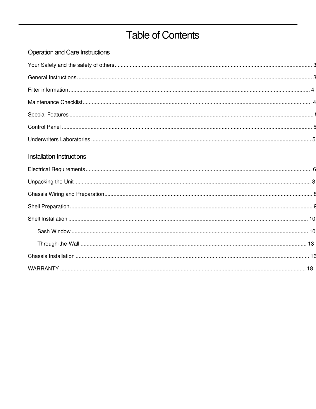 Friedrich SH15 operation manual Table of Contents 