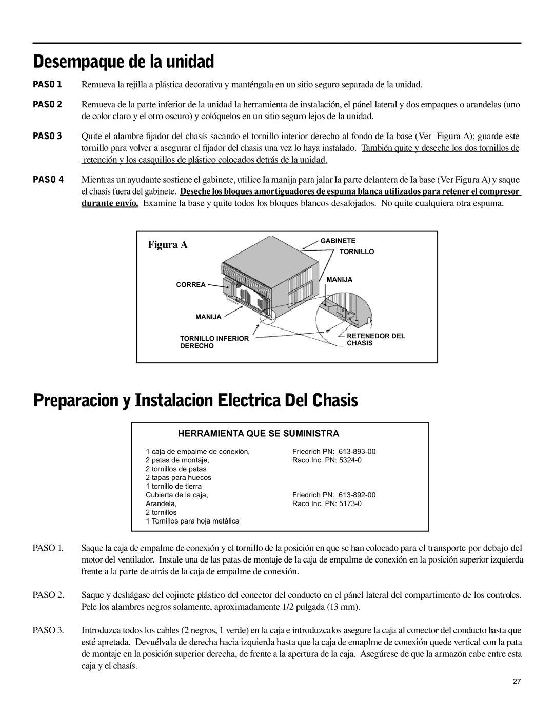 Friedrich SH15 Desempaque de la unidad, Preparacion y Instalacion Electrica Del Chasis, Herramienta QUE SE Suministra 