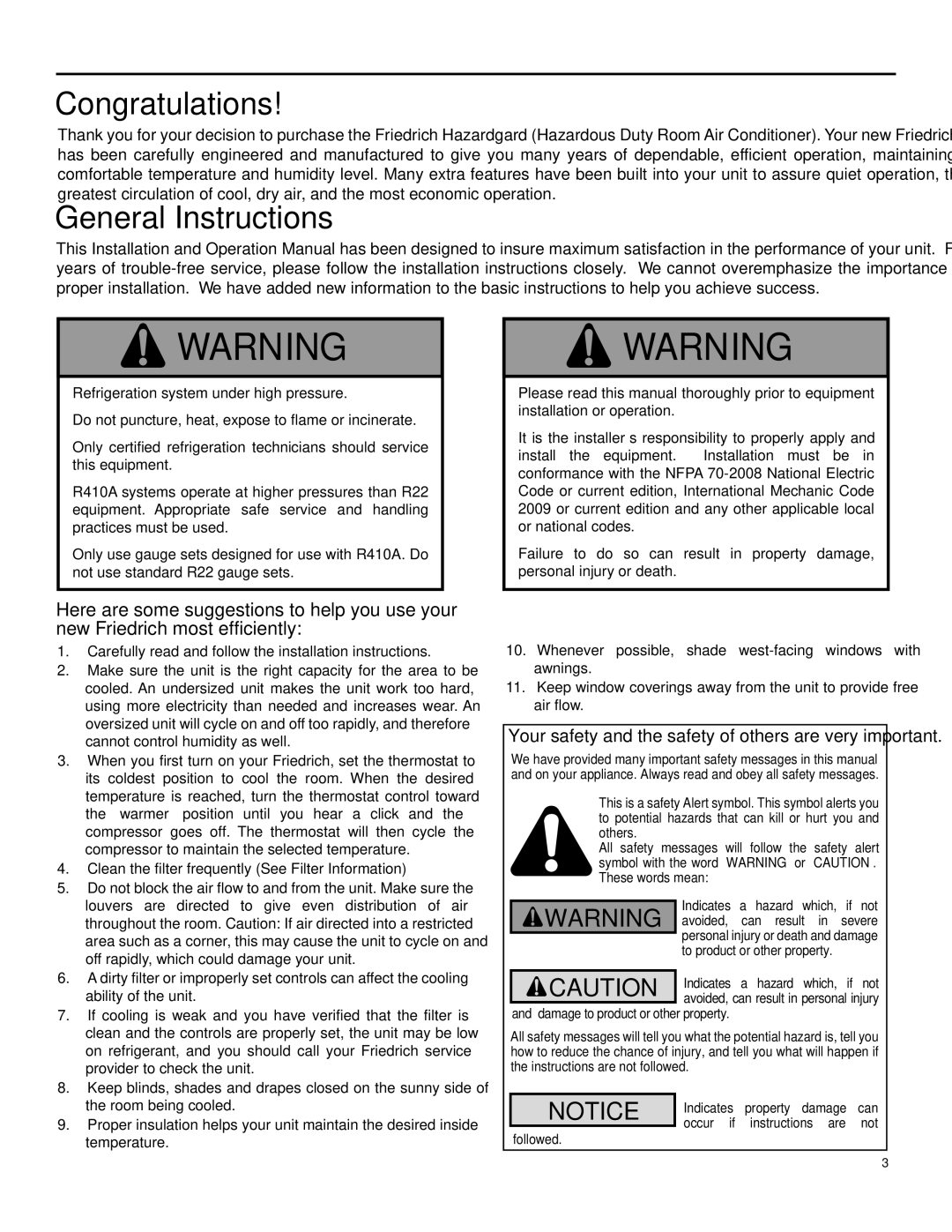 Friedrich SH15 operation manual Congratulations 