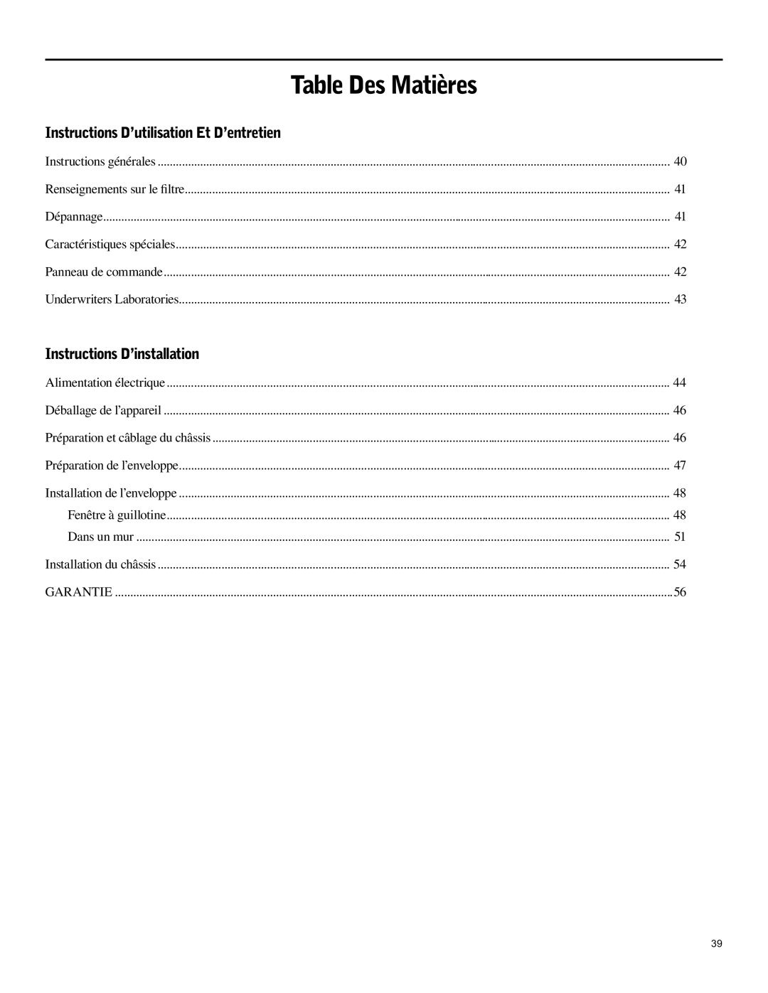 Friedrich SH15 operation manual Table DES Matières, Instructions D’UTILISATION ET D’ENTRETIEN 