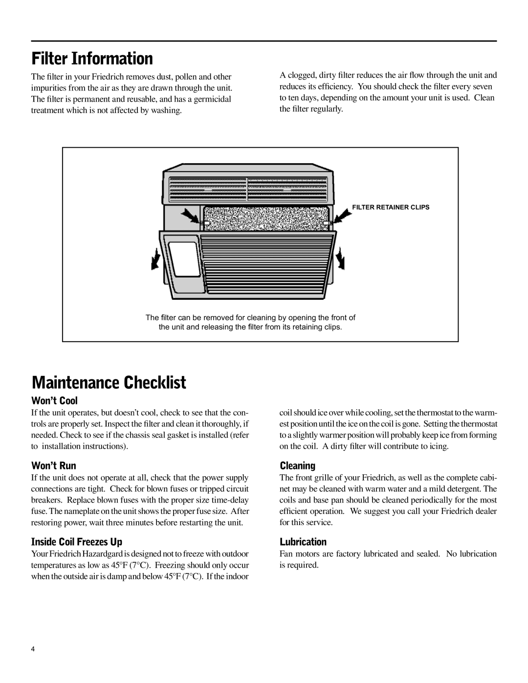 Friedrich SH15 operation manual Filter Information, Maintenance Checklist 