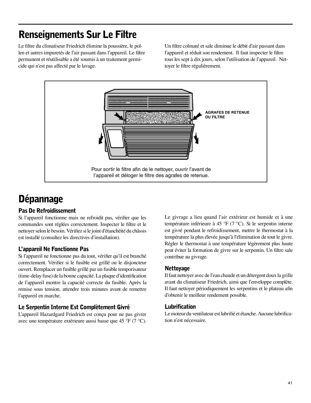 Friedrich SH15 operation manual Dépannage 