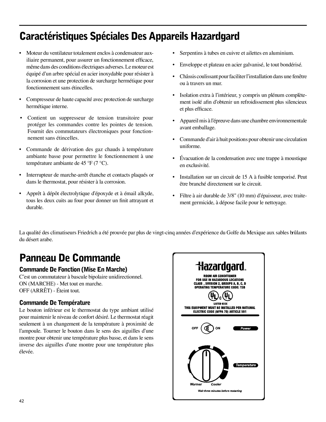 Friedrich SH15 Caractéristiques Spéciales Des Appareils Hazardgard, Panneau De Commande, Commande De Température 