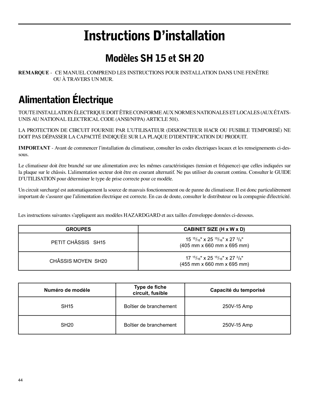 Friedrich SH15 operation manual Modèles SH 15 et SH, Alimentation Électrique, Groupes 