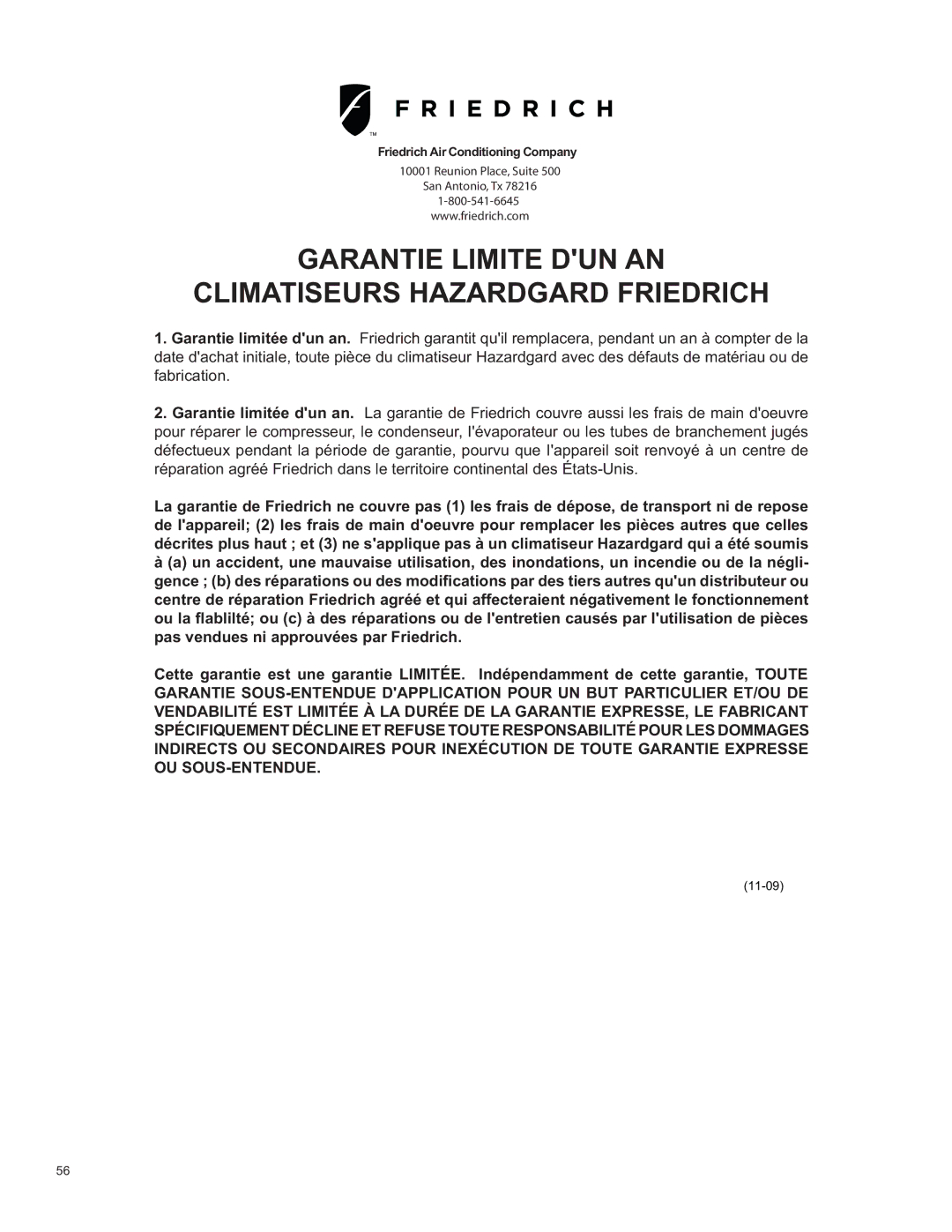 Friedrich SH15 operation manual Garantie Limite DUN AN Climatiseurs Hazardgard Friedrich 