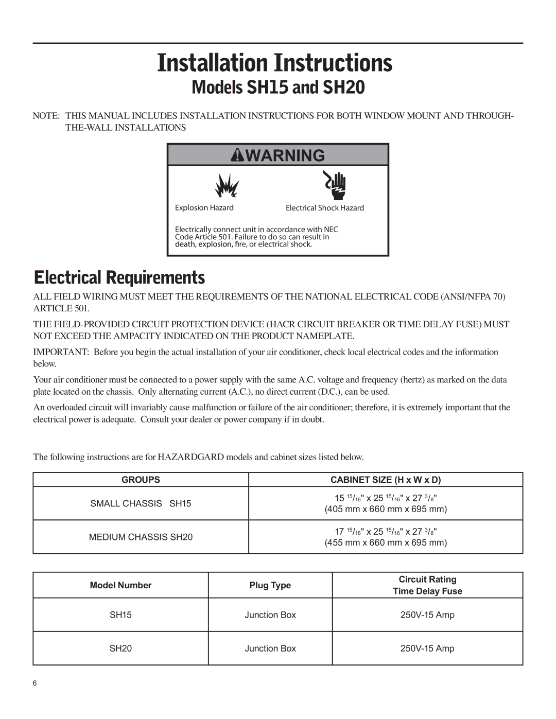 Friedrich operation manual Models SH15 and SH20, Electrical Requirements, Groups 