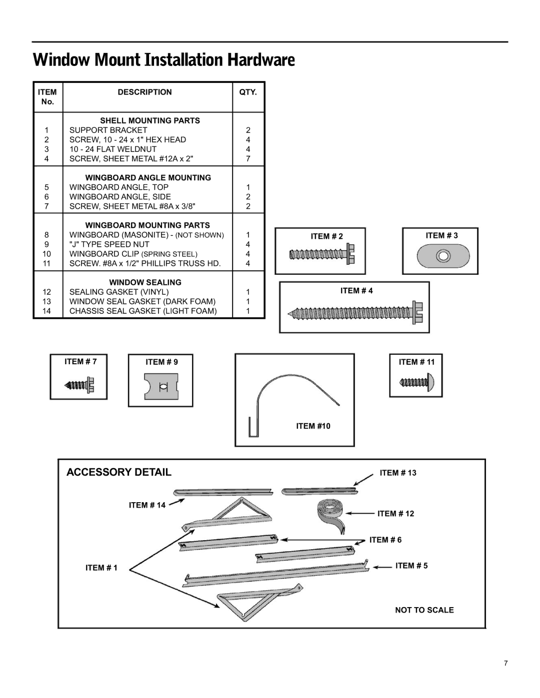 Friedrich SH15 operation manual Window Mount Installation Hardware, Accessory Detail 