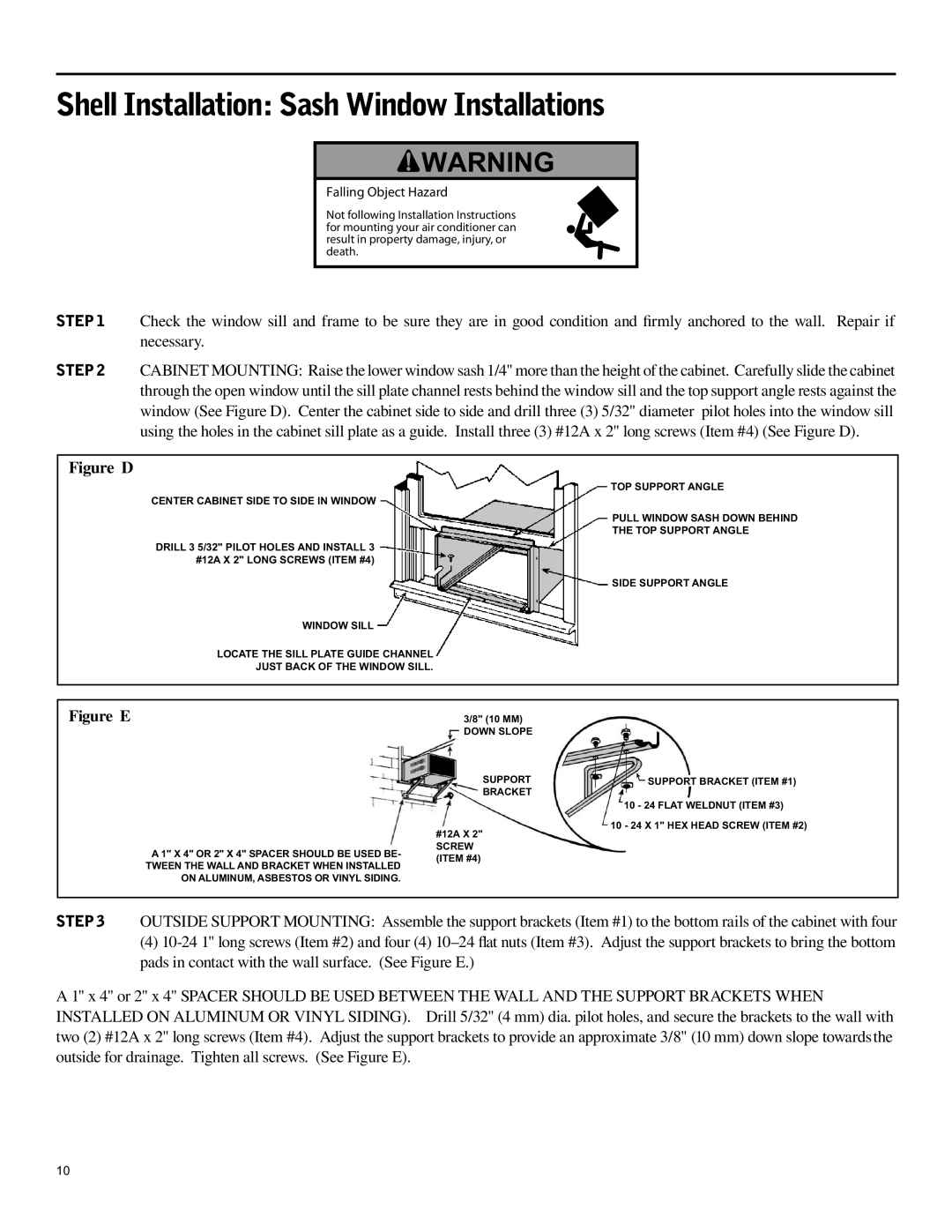 Friedrich SH15 operation manual Shell Installation Sash Window Installations, Falling Object Hazard 