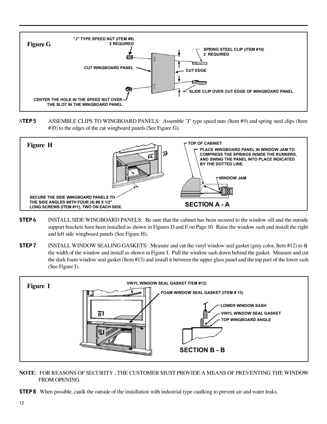 Friedrich SH15 operation manual Section A - A, Section B - B, Figure G, Figure H 
