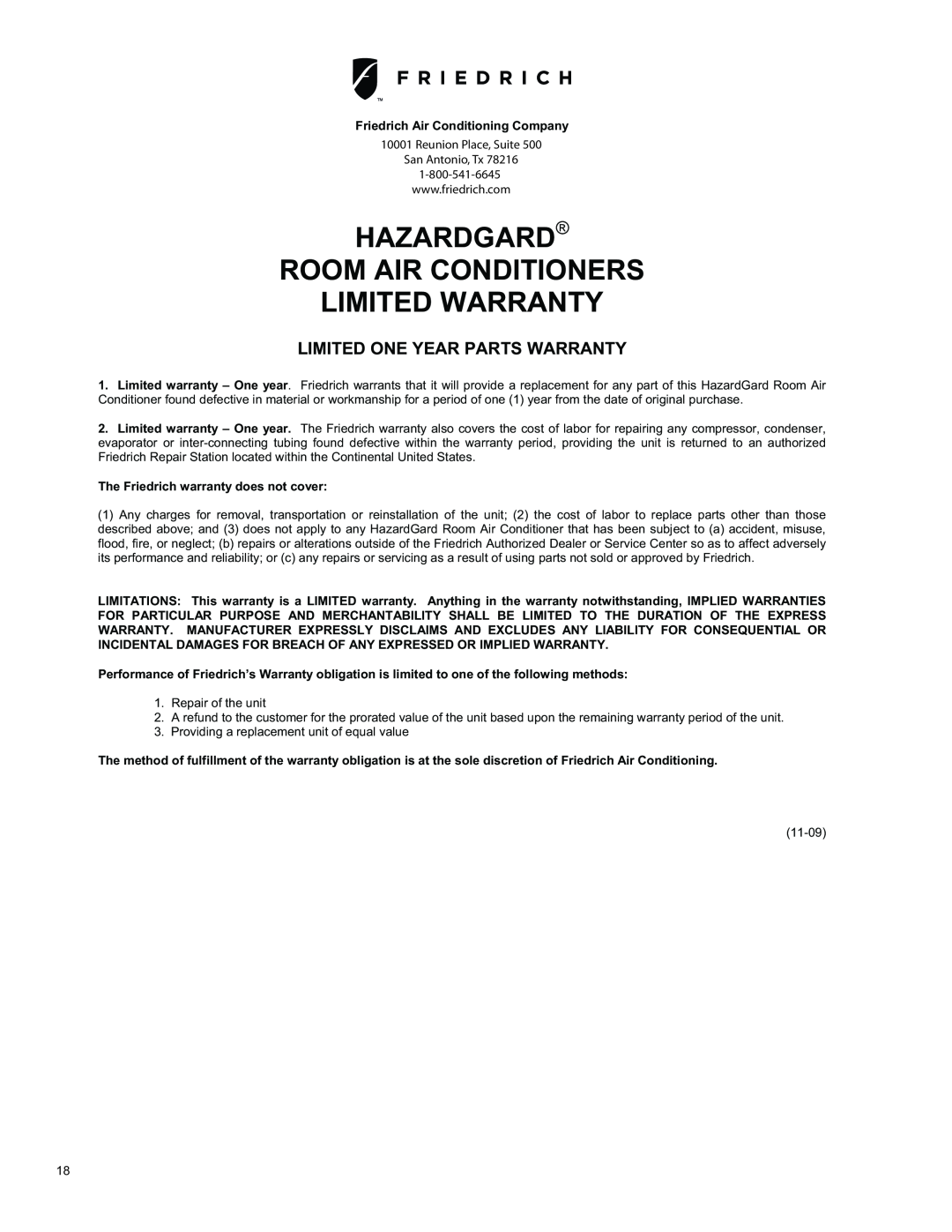 Friedrich SH15 operation manual Hazardgard Room Air Conditioners Limited Warranty, Limited One Year Parts Warranty 