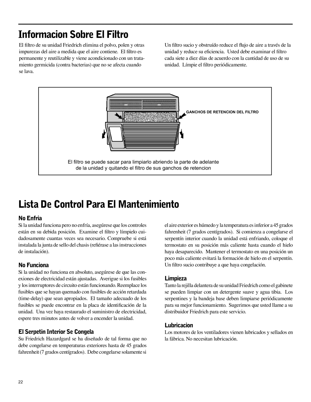 Friedrich SH15 Informacion Sobre El Filtro, Lista De Control Para El Mantenimiento, No Enfria, No Funciona, Limpieza 