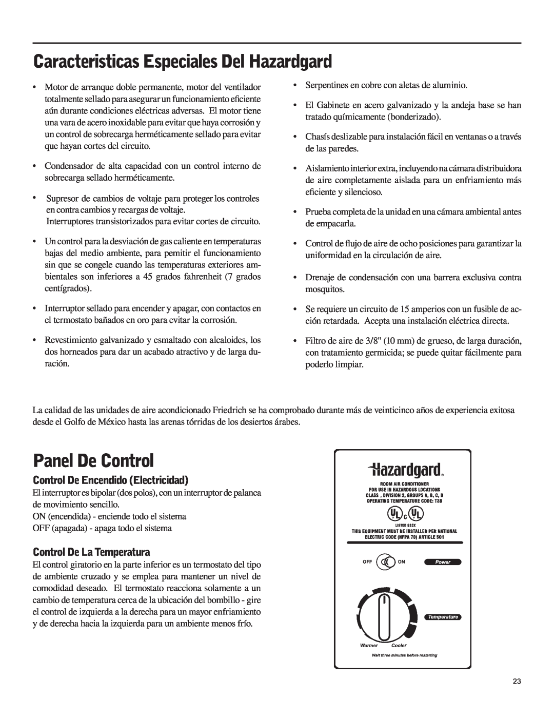 Friedrich SH15 Caracteristicas Especiales Del Hazardgard, Panel De Control, Control De Encendido Electricidad 