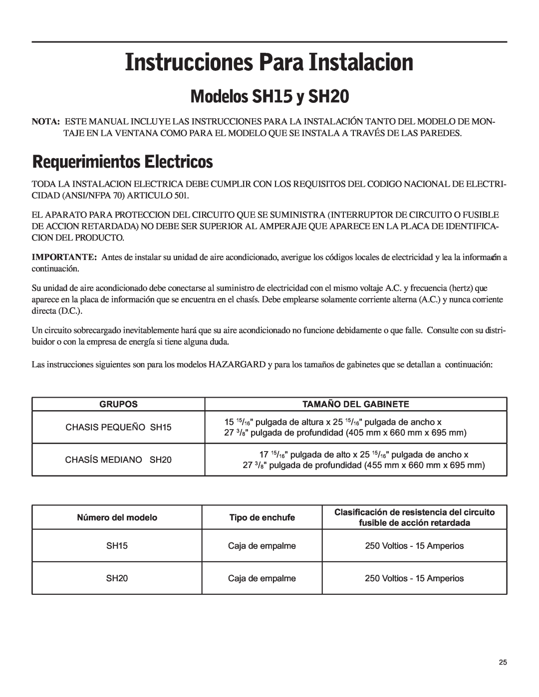 Friedrich operation manual Instrucciones Para Instalacion, Modelos SH15 y SH20, Requerimientos Electricos 