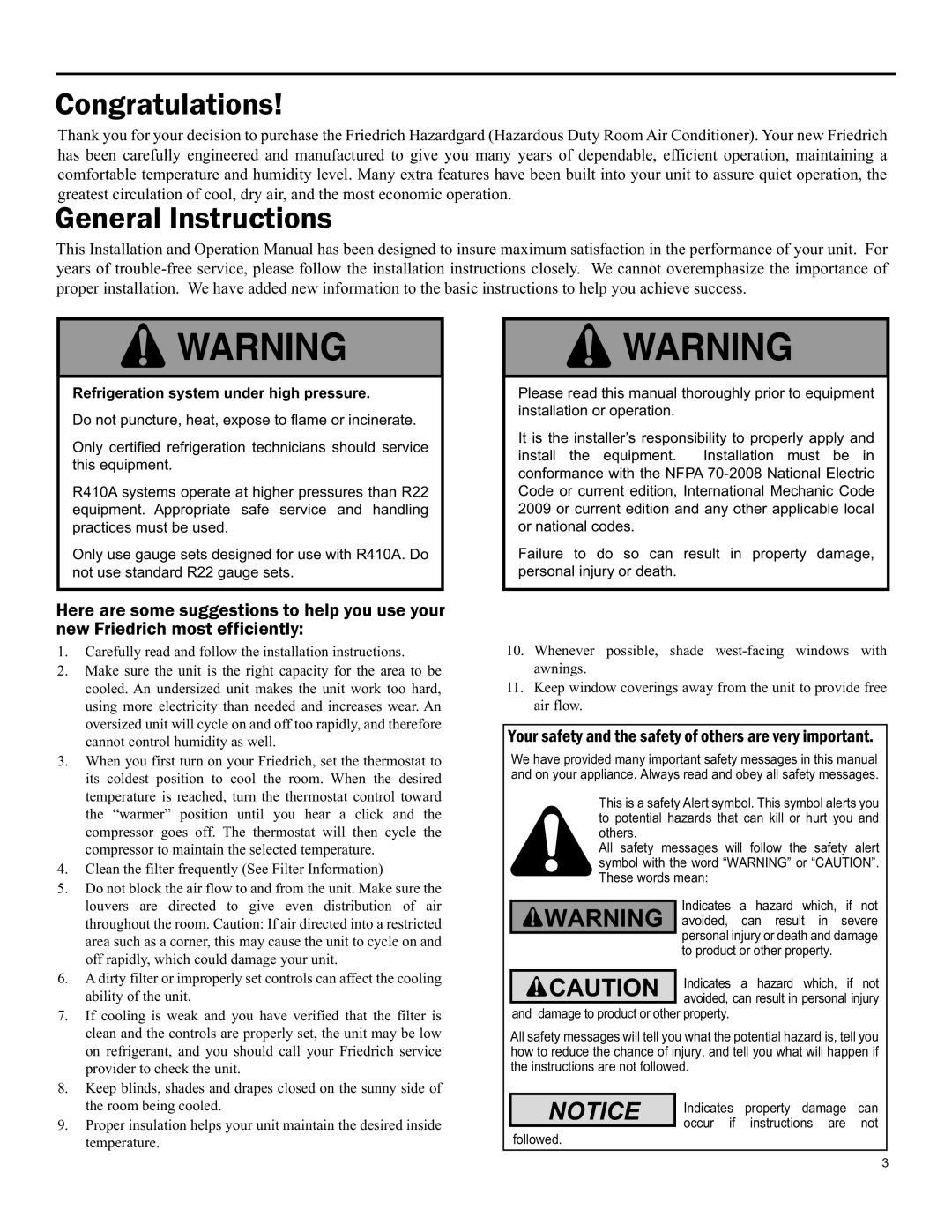 Friedrich SH15 operation manual Congratulations, General Instructions, Notice 