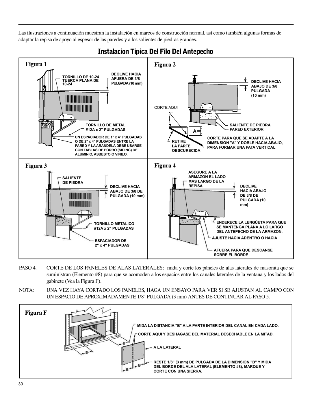 Friedrich SH15 operation manual Instalacion Tipica Del Filo Del Antepecho, Paso, gabinete Vea la Figura F, Nota 