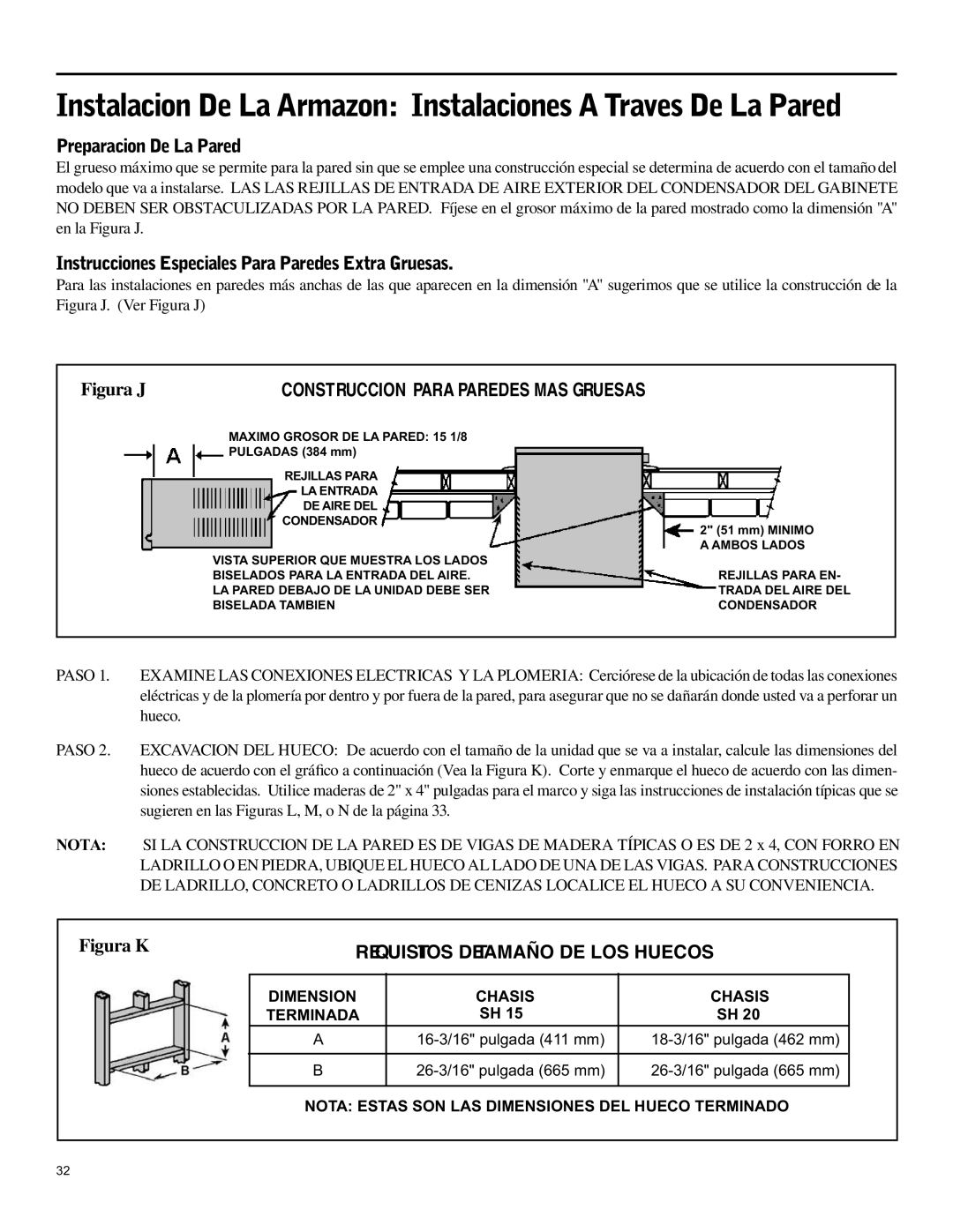 Friedrich SH15 operation manual Preparacion De La Pared, Requisitos Detamaño De Los Huecos 