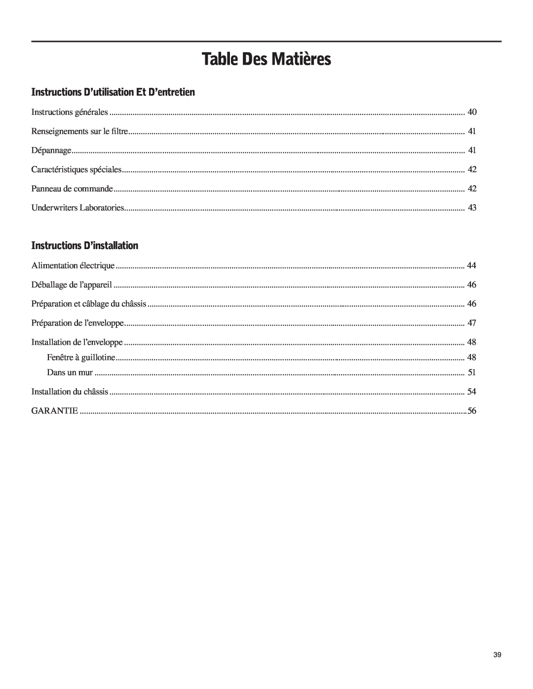 Friedrich SH15 operation manual Table Des Matières, Instructions D’Installation 
