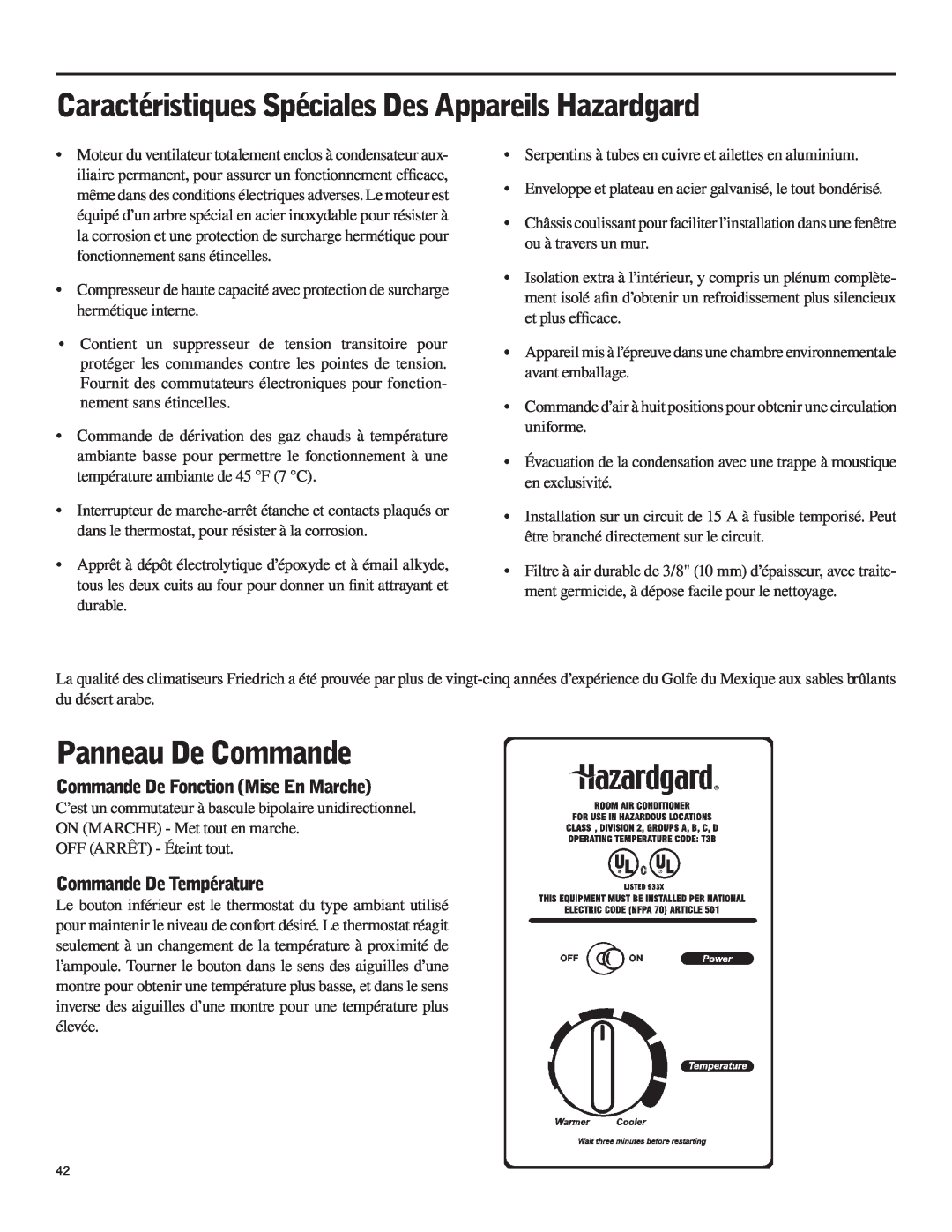 Friedrich SH15 operation manual Panneau De Commande, Commande De Fonction Mise En Marche, Commande De Température 