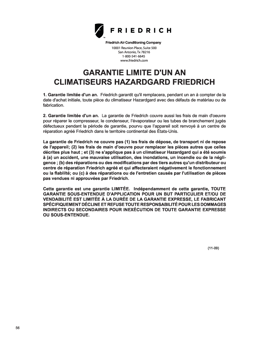Friedrich SH15 operation manual Garantie Limite Dun An, Climatiseurs Hazardgard Friedrich 