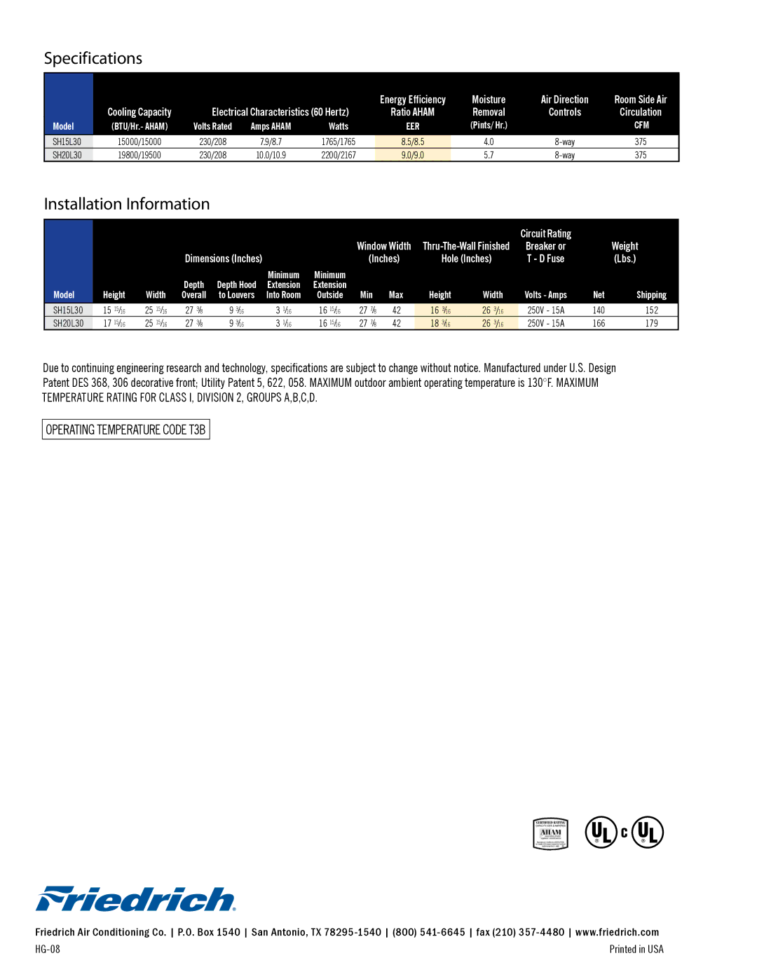 Friedrich SH15L30, SH20L30 manual Specifications 