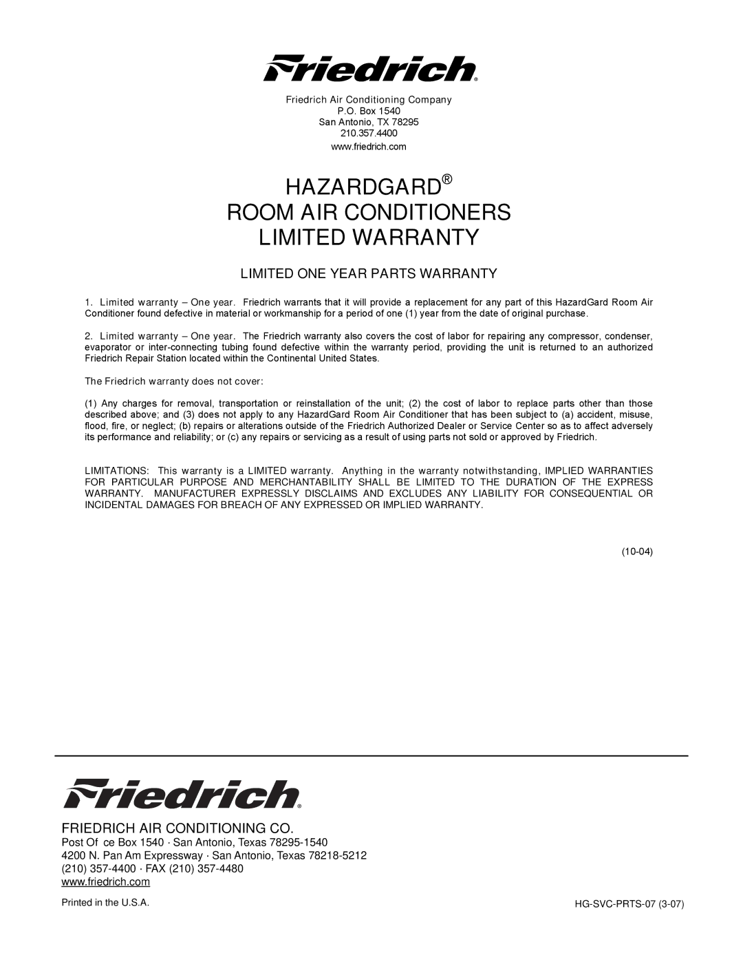 Friedrich SH20L30-B, SH15L30-B manual Hazardgard Room AIR Conditioners Limited Warranty 