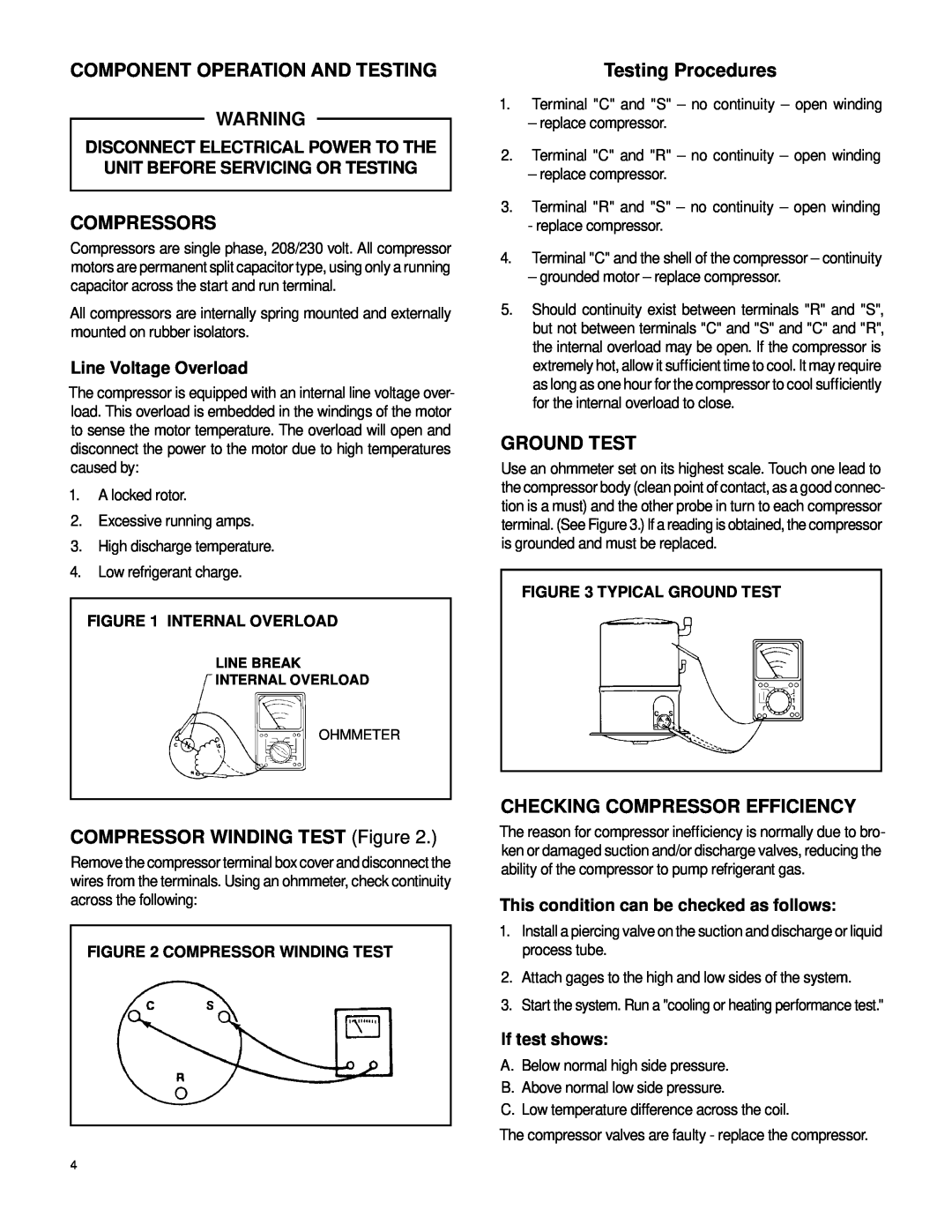 Friedrich SH20L30-B manual Component Operation And Testing, Compressors, COMPRESSOR WINDING TEST Figure, Testing Procedures 