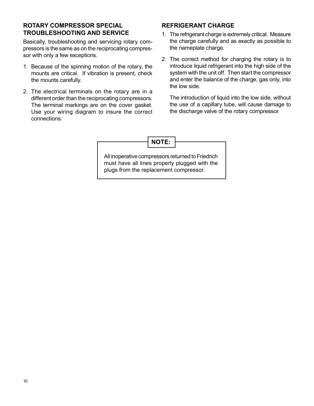 Friedrich SH20L30-A, SH20L50-A, SH15L30-A manual Rotary Compressor Special Troubleshooting and Service, Refrigerant Charge 