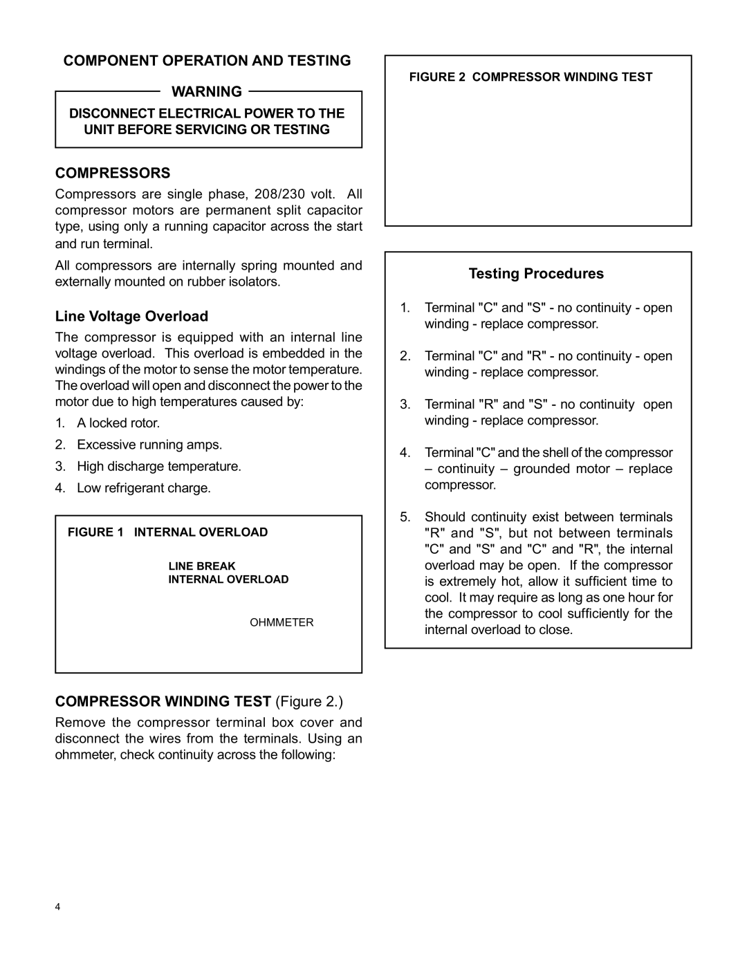 Friedrich SH20L30-A Component Operation and Testing, Compressors, Line Voltage Overload, Compressor Winding Test Figure 