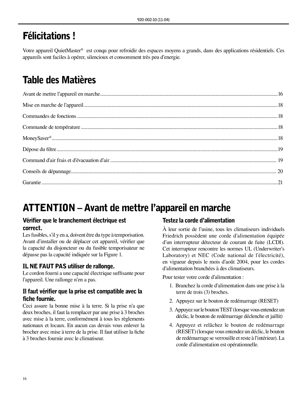 Friedrich SL25, SL36, SL28 manual Félicitations, Table des Matières, Vérifier que le branchement électrique est correct 