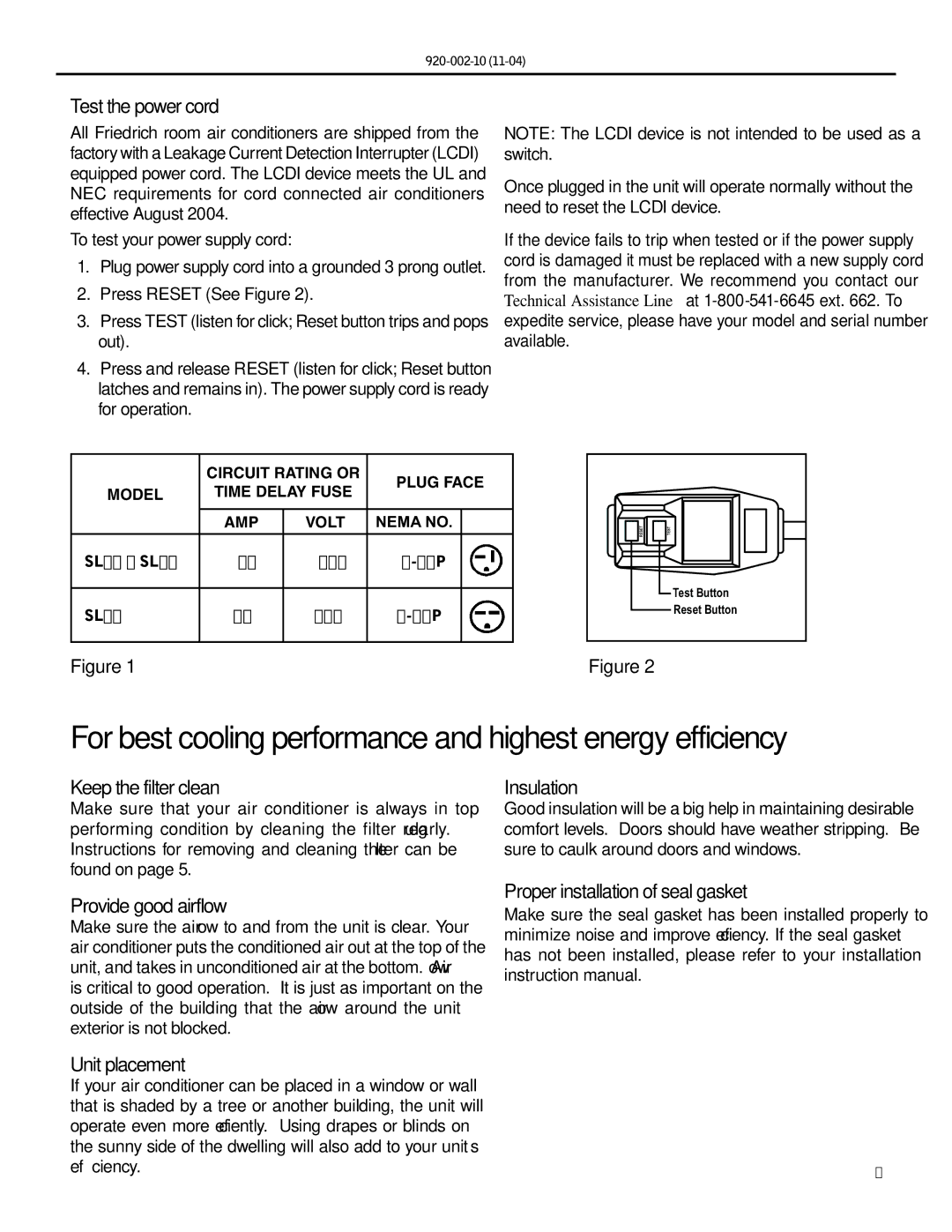 Friedrich SL36, SL25, SL28 manual Test the power cord, Keep the filter clean, Insulation, Provide good airflow 