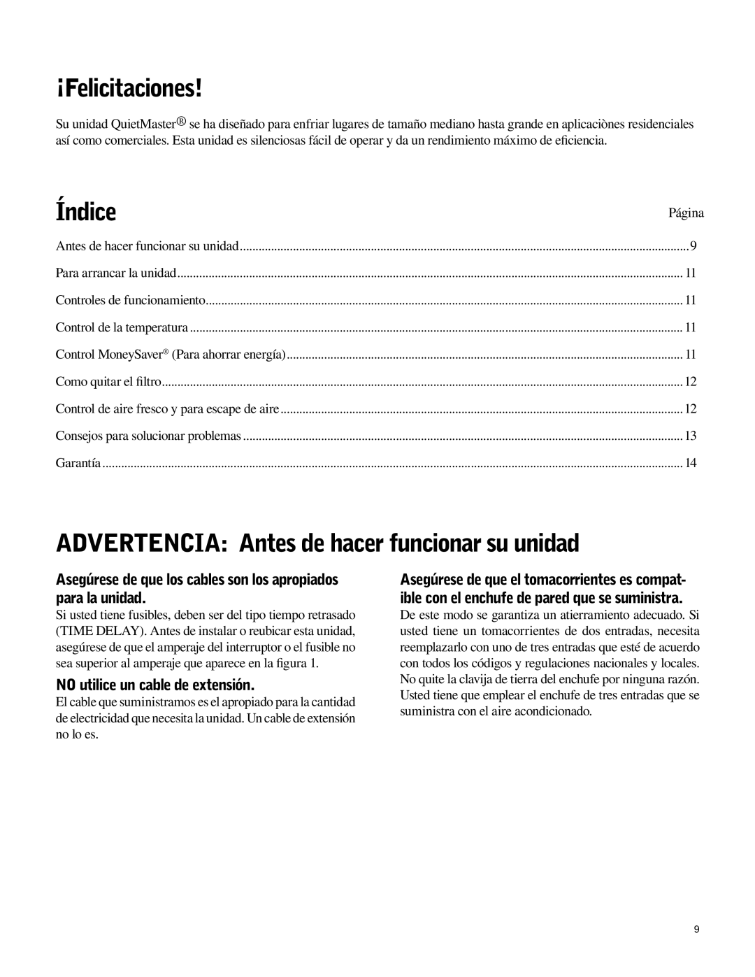 Friedrich SL36 ¡Felicitaciones, Índice, Advertencia Antes de hacer funcionar su unidad, No utilice un cable de extensión 