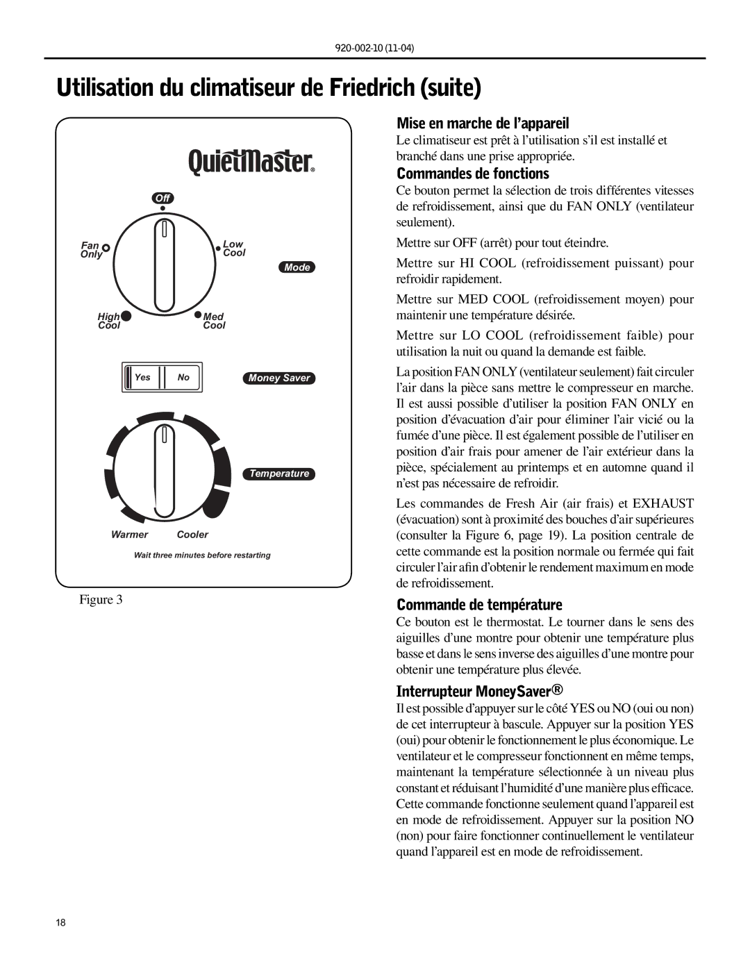 Friedrich SL36, SL25 Utilisation du climatiseur de Friedrich suite, Mise en marche de l’appareil, Commandes de fonctions 