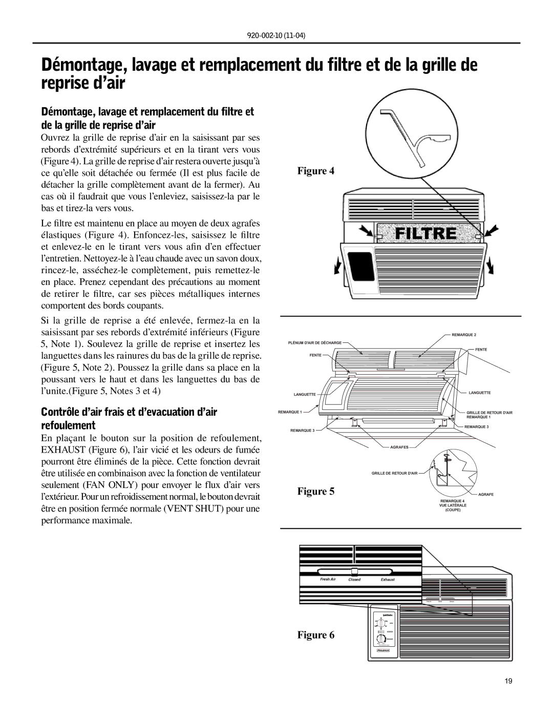 Friedrich SL25, SL36, SL28 manual Filtre, Contrôle d’air frais et d’evacuation d’air refoulement 