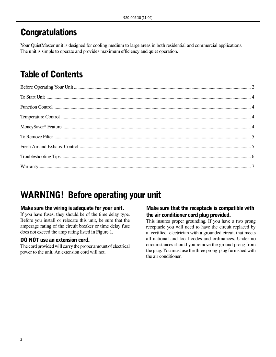 Friedrich SL28, SL36, SL25 manual Congratulations, Table of Contents 