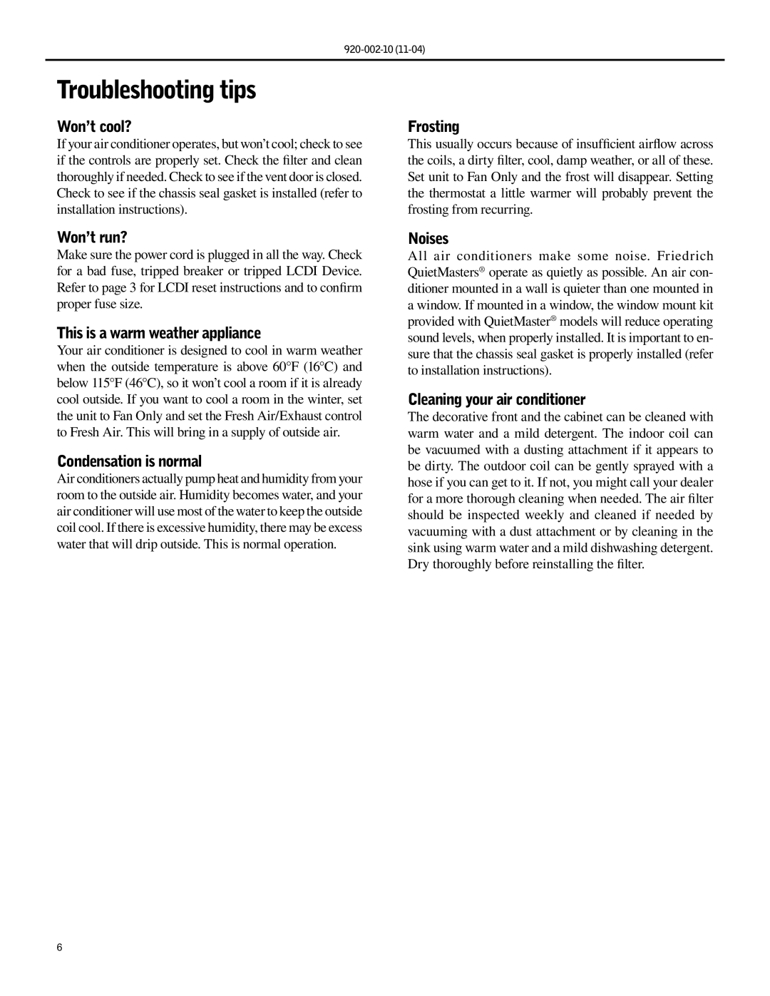 Friedrich SL36, SL25, SL28 manual Troubleshooting tips 