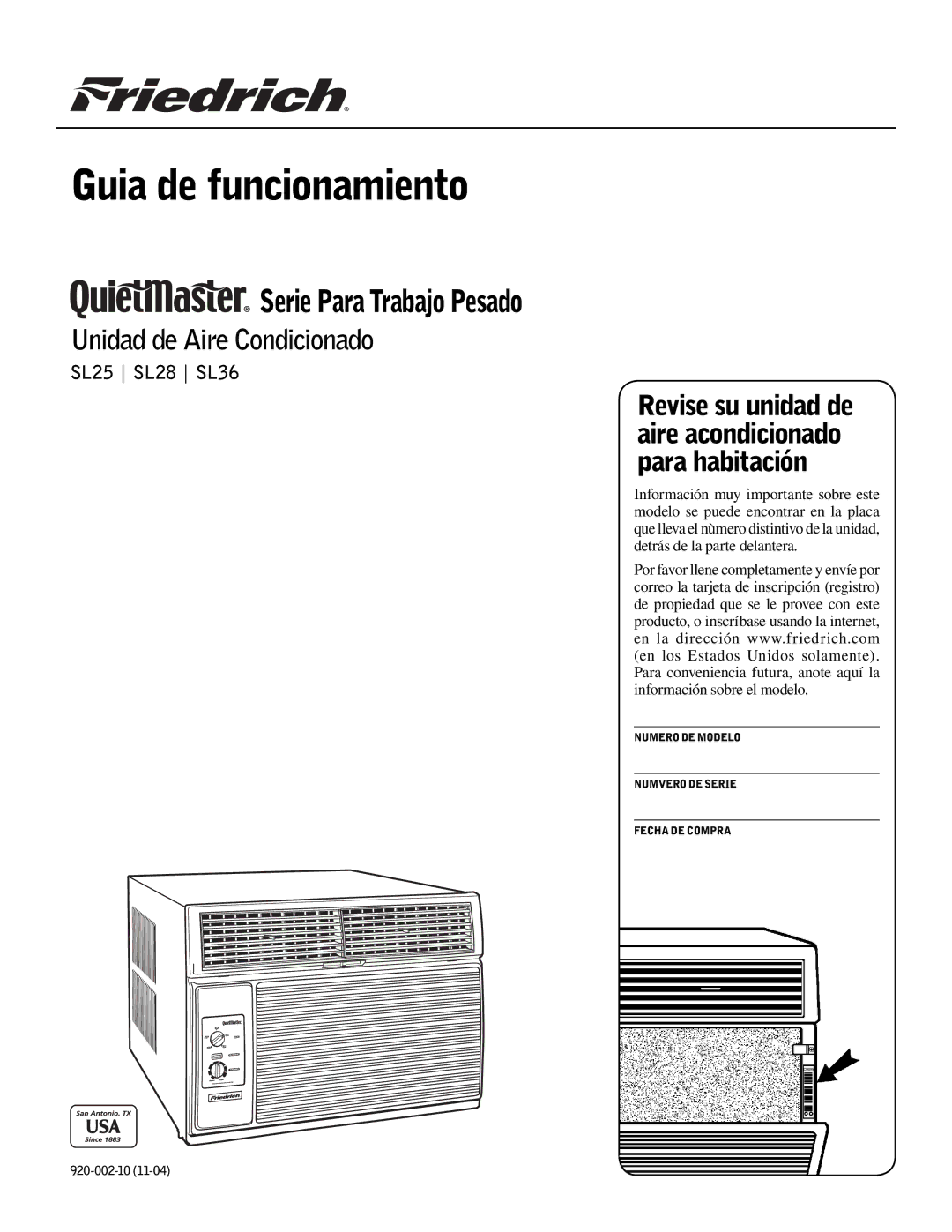 Friedrich SL28, SL36, SL25 manual Serie Para Trabajo Pesado, Unidad de Aire Condicionado 