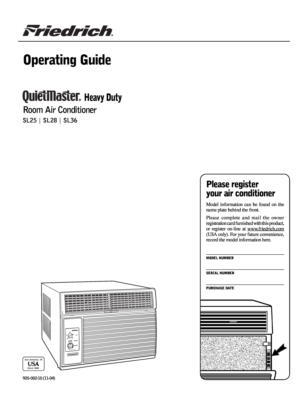 Friedrich SL25 manual Operating Guide, Heavy Duty, Room Air Conditioner, Please register your air conditioner, 920-002-10 