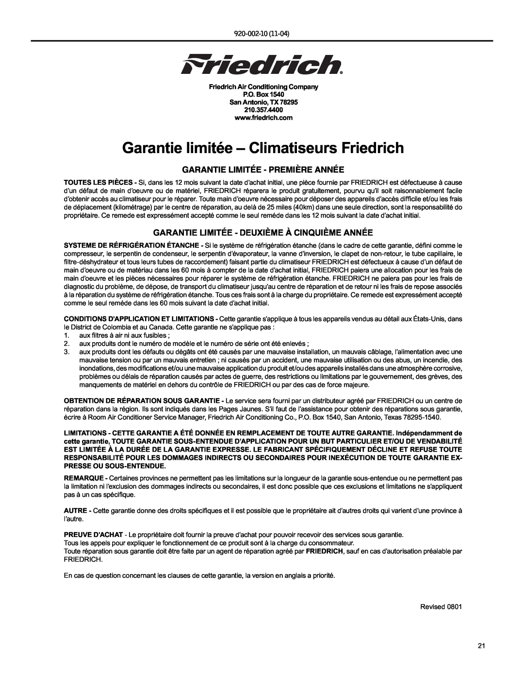 Friedrich SL36, SL25, SL28 manual Garantie limitée - Climatiseurs Friedrich, Garantie Limitée - Première Année, 920-002-10 