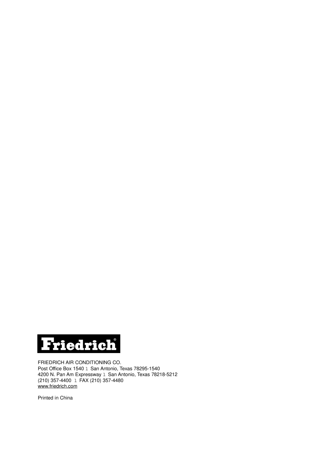 Friedrich SP05A10 service manual Friedrich AIR Conditioning CO 