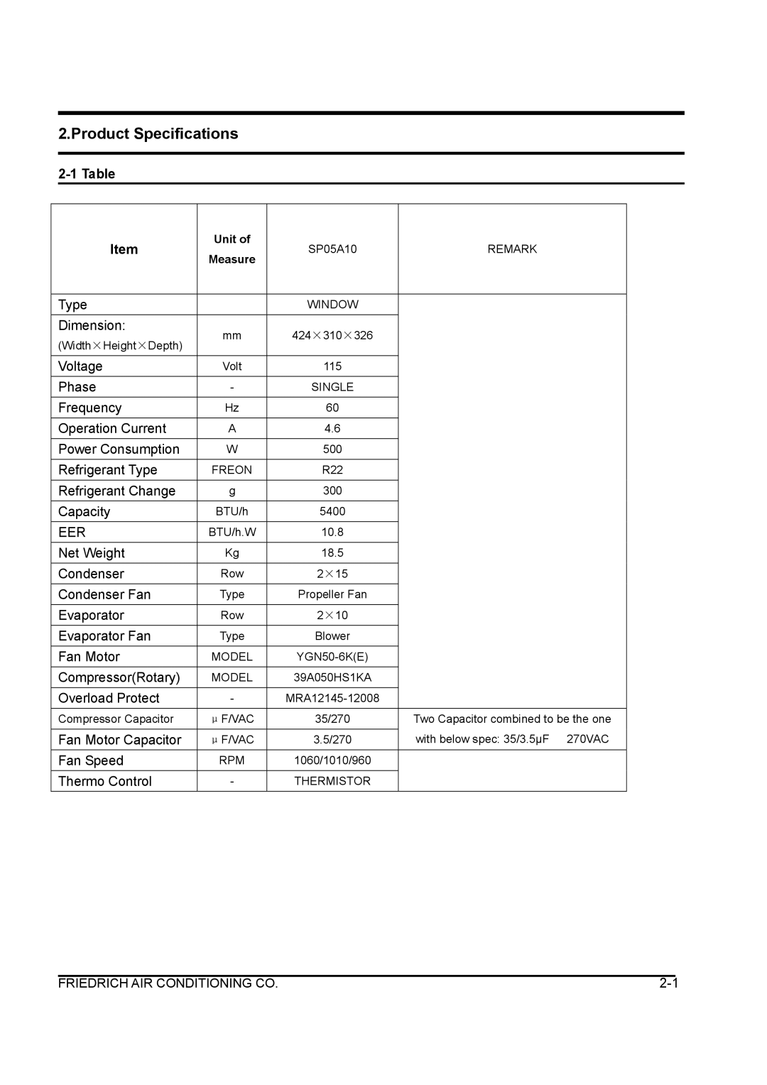 Friedrich SP05A10 service manual Eer 