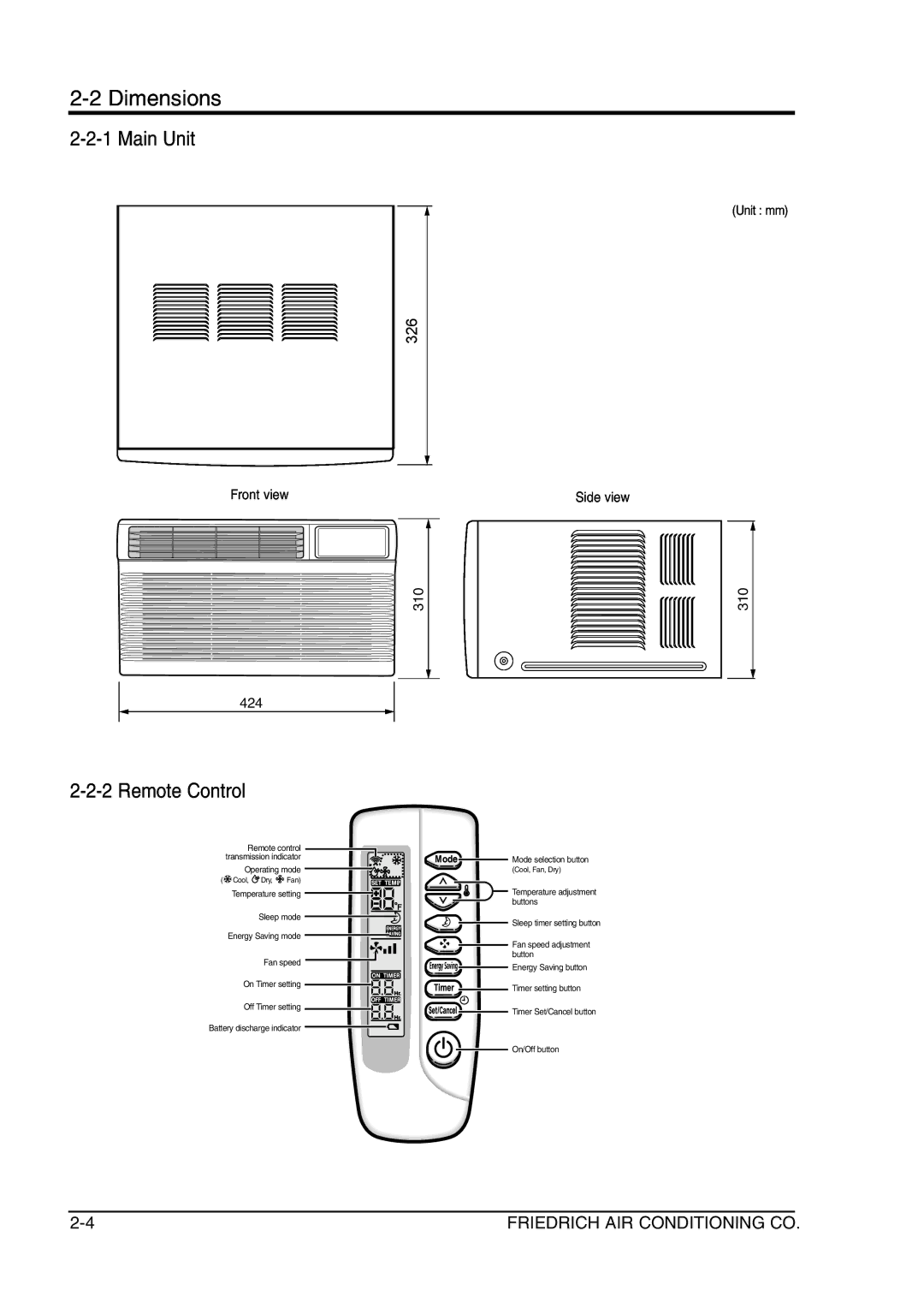 Friedrich SP05A10 service manual Dimensions 