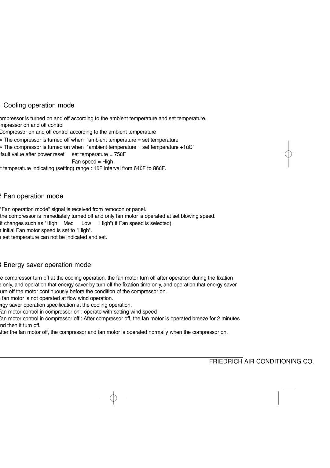 Friedrich SP05A10 Function Description, Cooling operation mode, Fan operation mode, Energy saver operation mode 