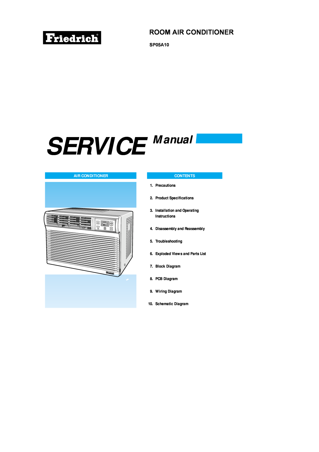 Friedrich SP05A10 service manual Room Air Conditioner, Contents 