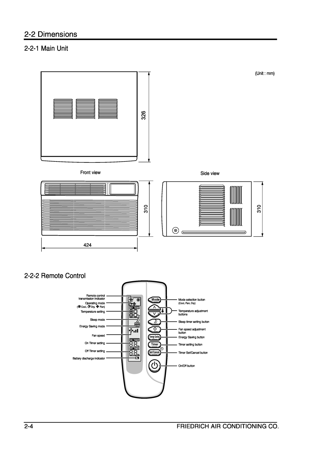 Friedrich SP05A10 service manual 2-2Dimensions, 2-2-1Main Unit, 2-2-2Remote Control, Friedrich Air Conditioning Co 